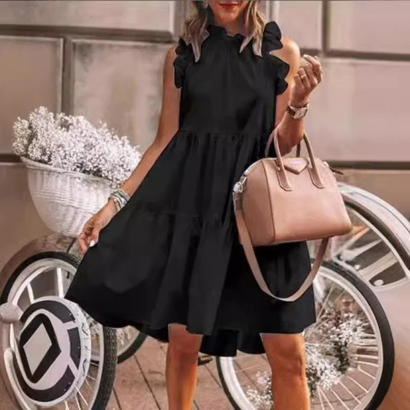 

2023Amazon летнее повседневное свободное однотонное плиссированное платье без рукавов с широким подолом и круглым вырезом