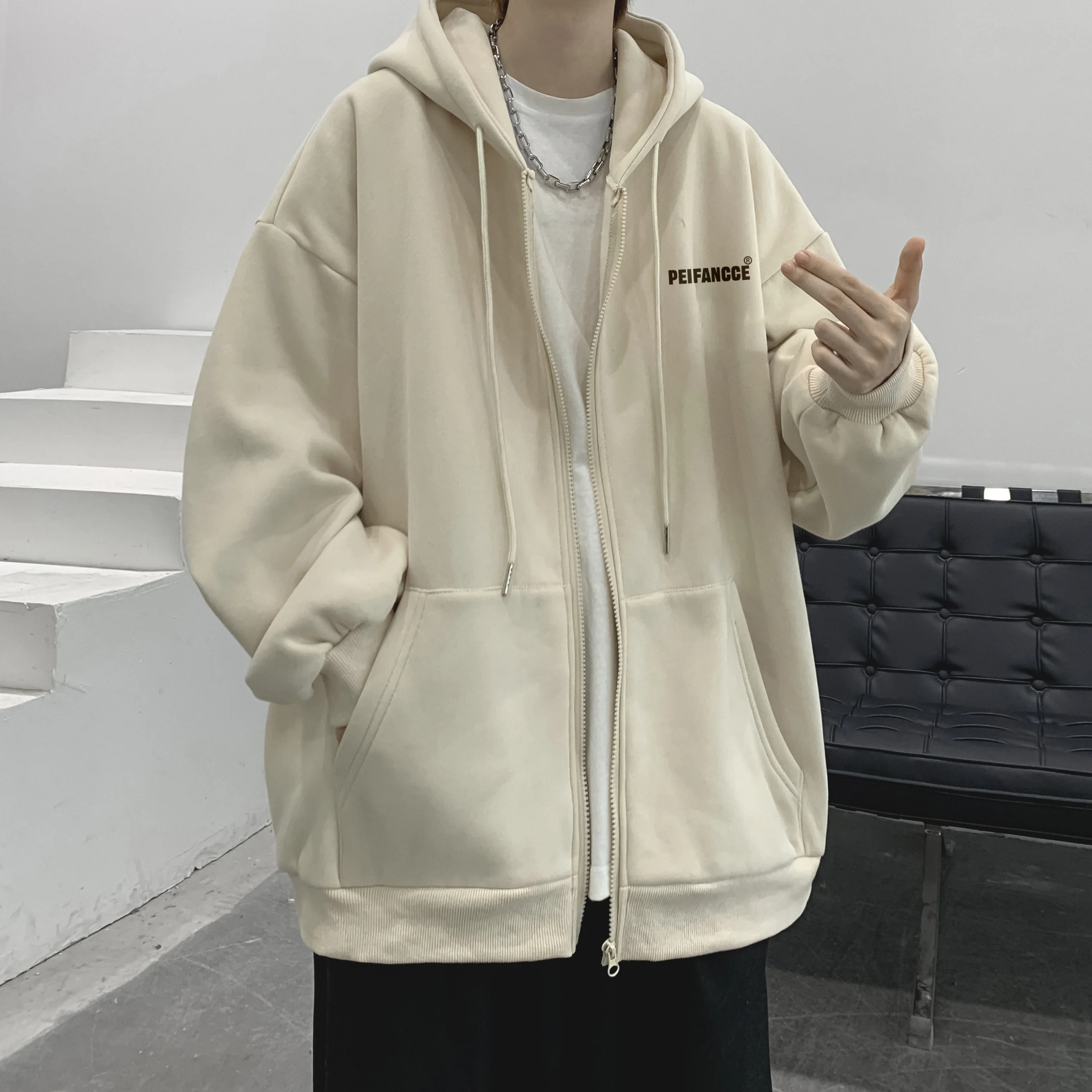 

Свободная повседневная толстовка с капюшоном для мужчин, весна-осень, новая модель с молнией, не требует глажки, однотонный спортивный топ для подростков