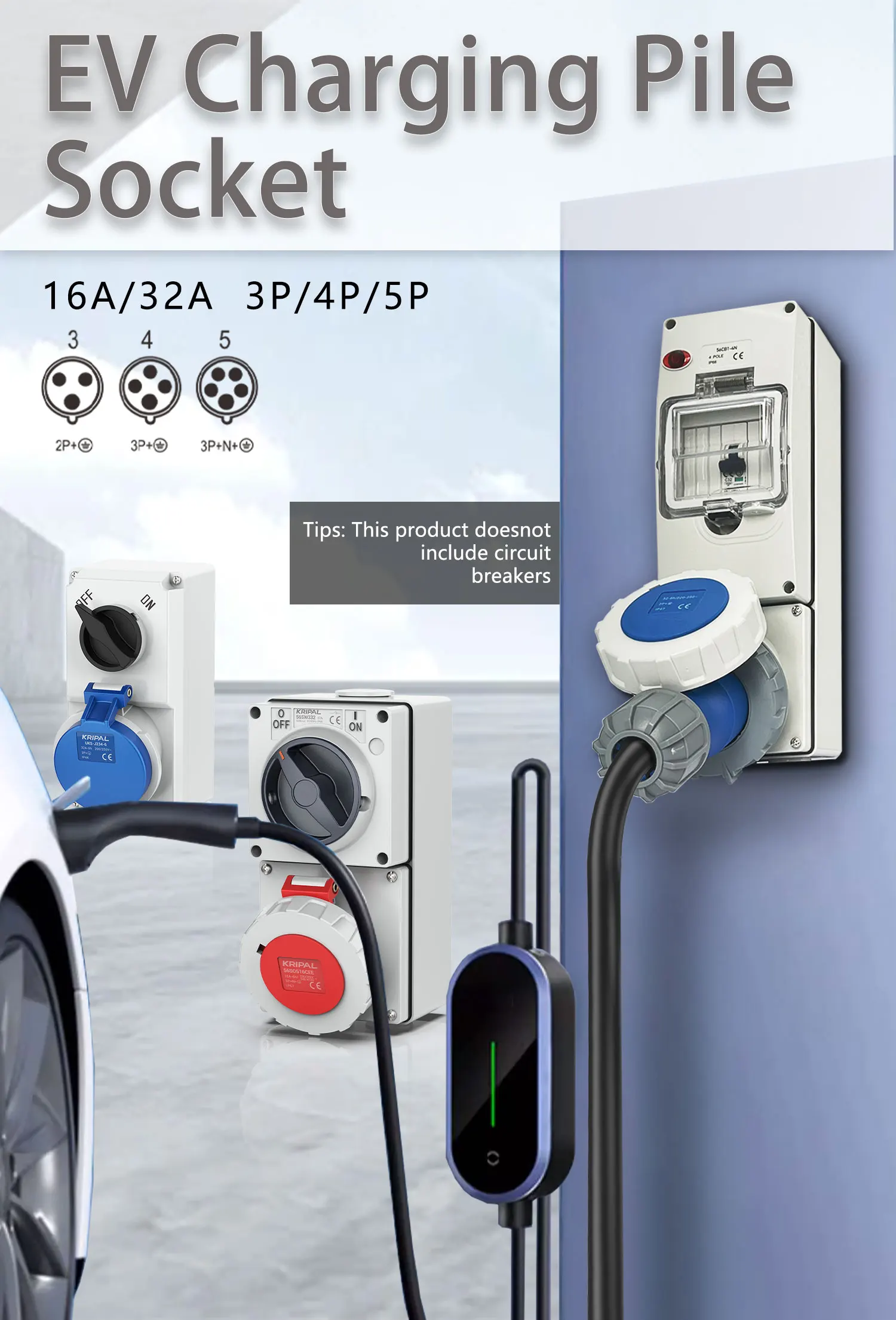 Imagem -02 - Kripal-soquete Cee Impermeável com Proteção de Circuito ev Charge Socket 3pin 32a Combinação Comutada Soquete