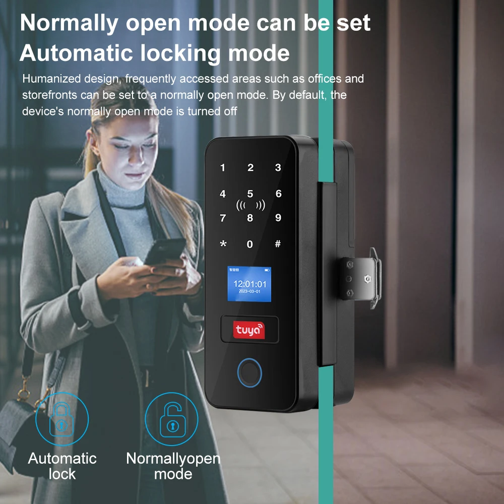 Tuya App Fingerprint Glass Door Lock Office Electronic Smart Card Lock with RFID Remote Control Tuya Wifi Gateway Keyless Entry