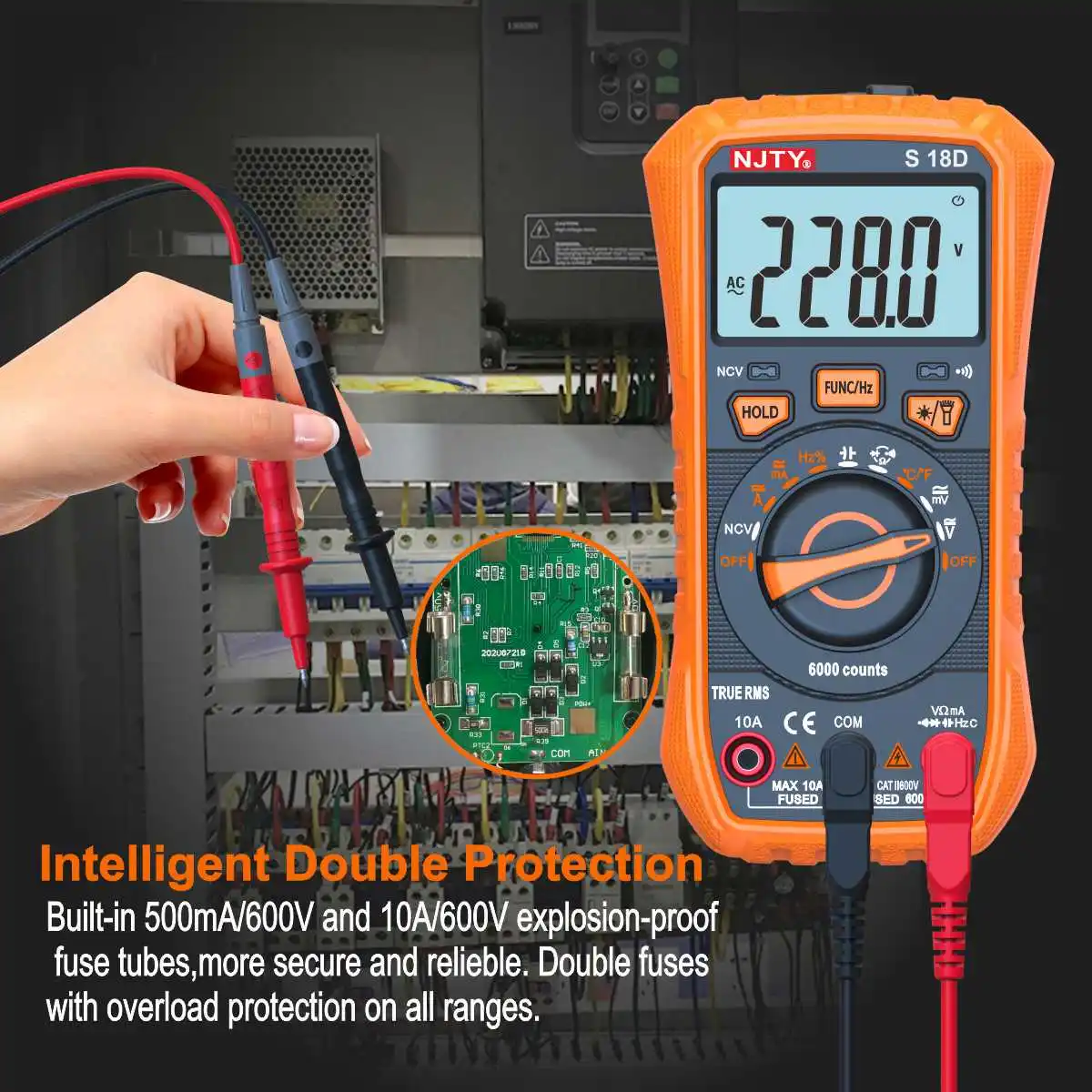 NJTY S18D/A Multimetr cyfrowy Ręczny woltomierz Pojemność Rezystancja Dioda Tester temperatury Podświetlany wyświetlacz LCD AUTO Zakres AC/DC