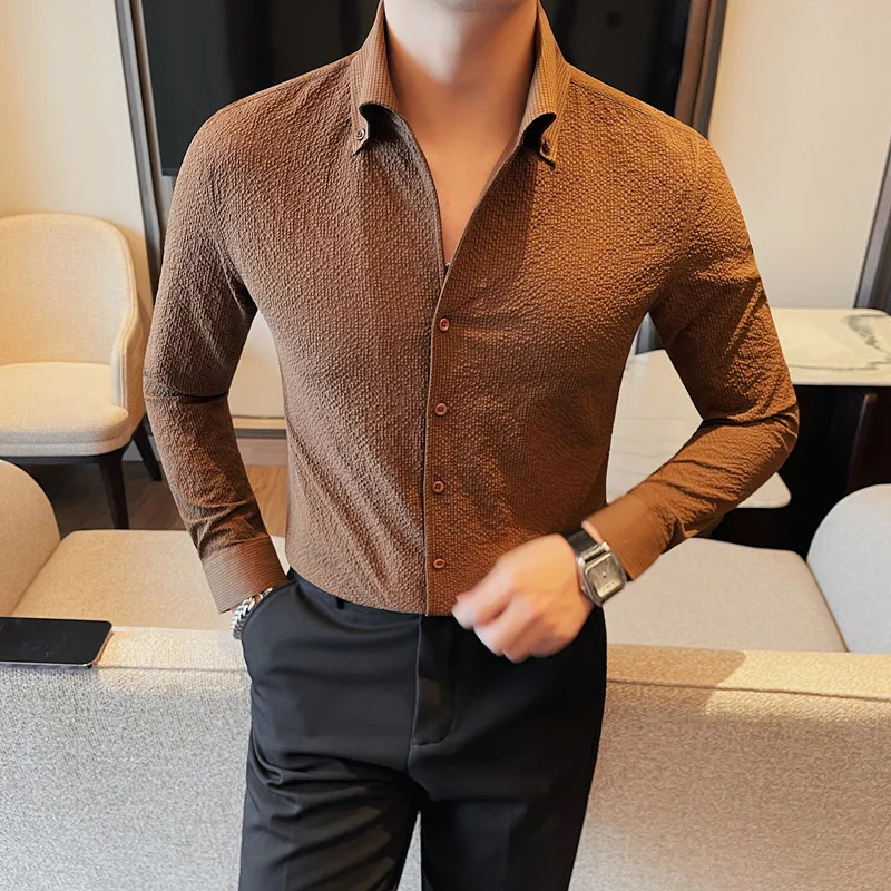 

Classical Solid Color Long Sleeved Men's Shirts V-neck Slim Casual Business Dress Shirt Social Party Tuxedo Blouse Men Clothing