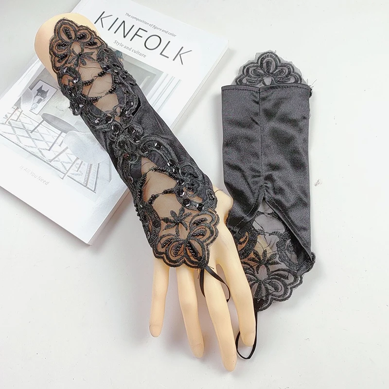 Bridal Wedding Dress Hook Finger Hollow Lace Sequins Bead Fingerless Gloves Women Satin Opera Stage Performance Etiquette Mitten