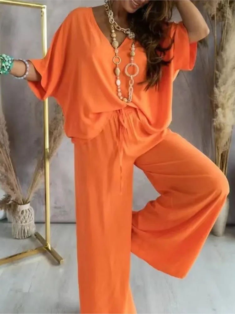 

Casual Loose Women Two Piece Set Solid V Neck Bat Sleeve V-neck Wide-leg Lace Up Pants Outfits Feamle Fashion Office Ladies Suit
