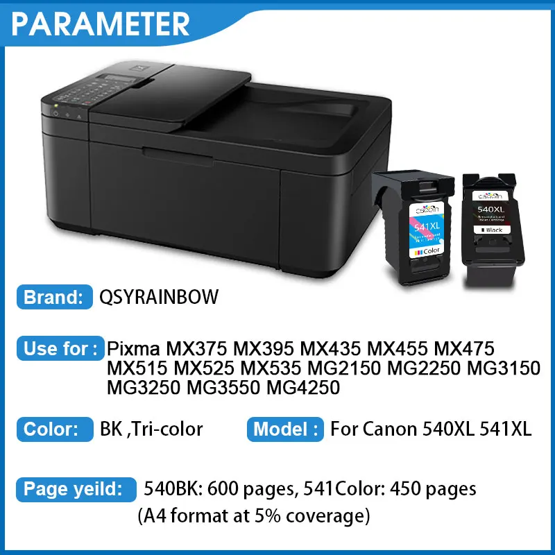 QSYRAINBOW PG540 CL541 For Canon 540XL 541XL Ink Cartridge PG 540 Pixma MG4250 MG3250 MG3255 MG3550 MG4100 MG4150 Printer