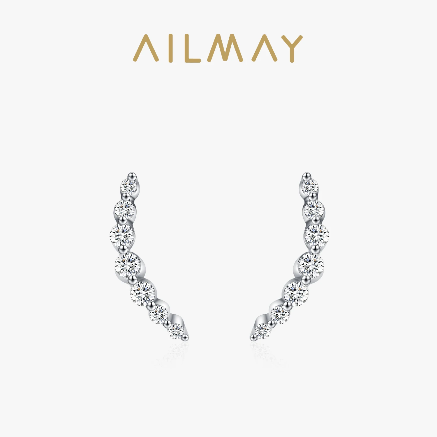 Ailmay 925 Sterling Silver Sparkling Curved Smile Stud Earrings For Women  Birthday Wedding Gift Fine Jewelry