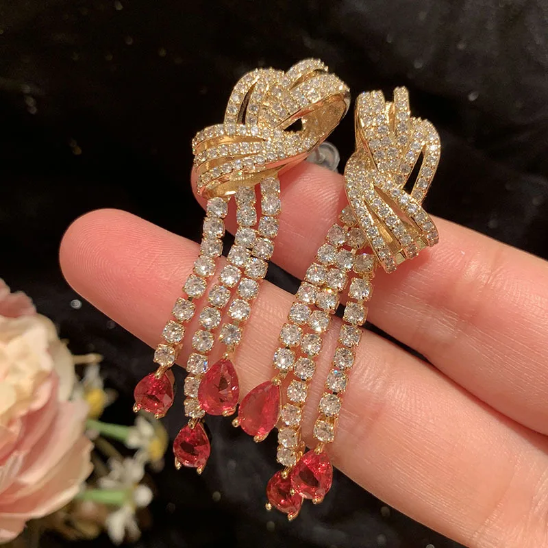 Water Drops Light Luxury Super Sparkling Long Tassel S925 Silver Needle Ribbon Hollow Bow Knot Earrings