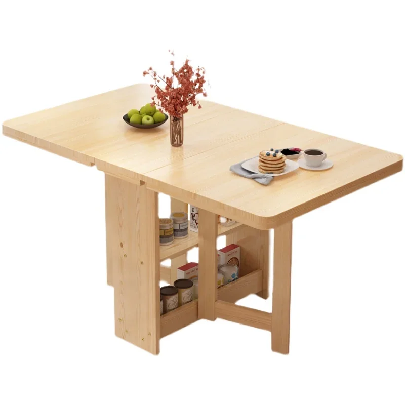 Dining Table Full Pine Movable Retractable Rectangular Simple Small Apartment Dining Table