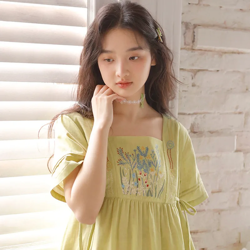 Sweet 100% Cotton Embroidery Nightgowns For Women Short Sleeve Sleepwear Vintage Princess Elegant Loose Home Dress