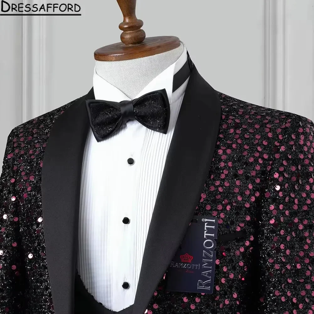 Glitter Sequined Groom Wear Formal Men Suits 3 Piece Jacket Vest And Pants Sets Smart Casual Business Blazer