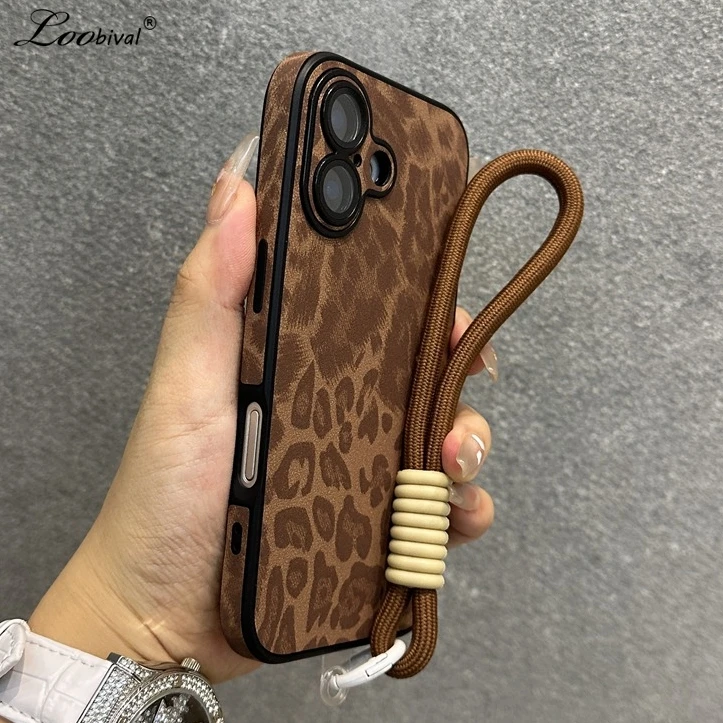 Cartoon Leopard Print Lanyard Leather Case for iPhone 16 15 Pro Max 14 Plus 13 11 12 Hand Wrist Strap Lens Protector Matte Cover