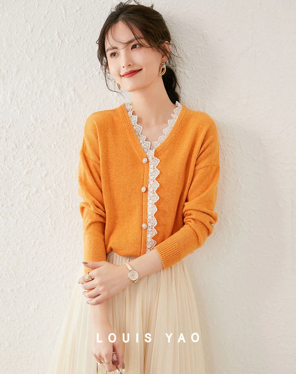 LOUIS YAO 2024 Lace Lace Splicing V-neck Top Autumn Style Gentle and Sweet Long Sleeve Knitted Shirt for Women