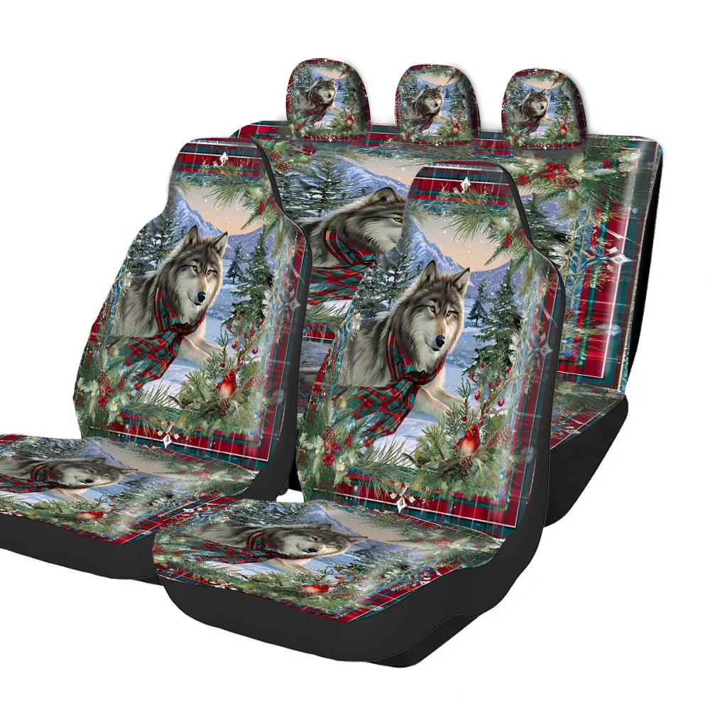 2-5 Seat Set Car Seat Covers Premium Wolf Christmas Decorations Fit For Trucks SUVs Off-road Cars Easy Install Washable All-Sea