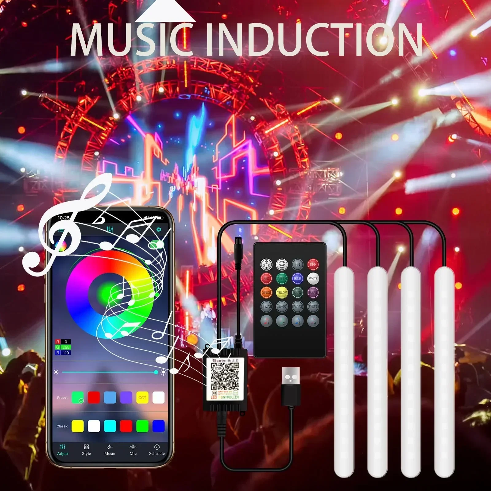 Car LED Footwell Ambient Lights, RGB Music Sound Activated, 7 Colors Interior Atmosphere Lighting with 1-to-4 Splitter Decor