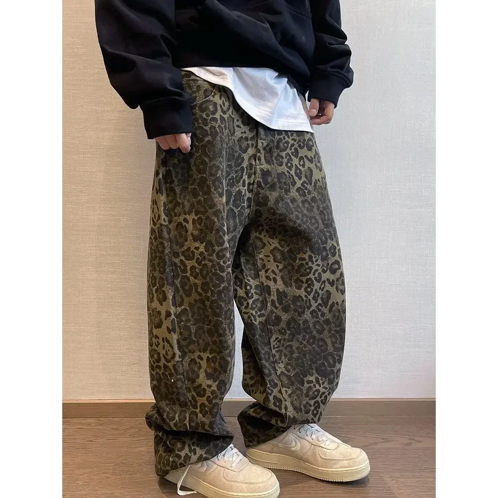 Men Splice Button Pocket Wide Leg Pants Floor Length Cargo Pant Leopard Print Loose Casual Straight Trousers Autumn Winter New