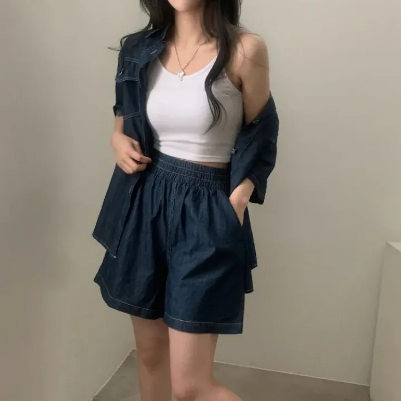 Neploe vintage lapela pescoço manga curta denim topos feminino + cintura alta solta perna larga shorts 2025 verão novos conjuntos de duas peças