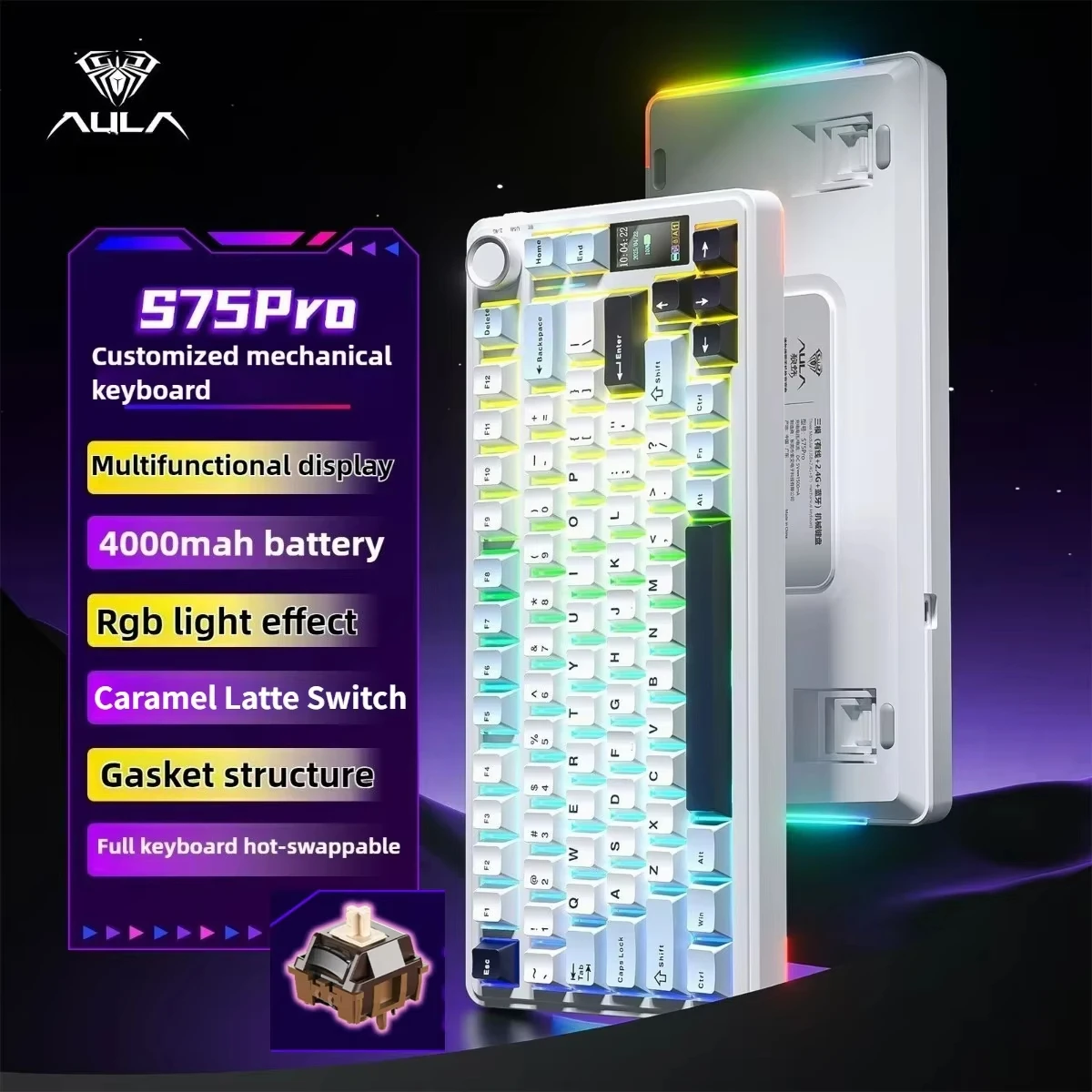 Игровая клавиатура AULA F75/S75Pro 2,4G, беспроводная/Bluetooth/проводная RGB, индивидуальная раскладка 75% OEM-профильная прокладка, структура клавиатуры