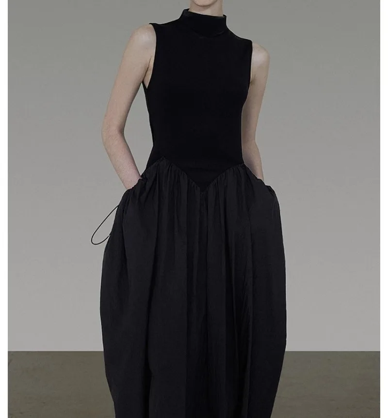 

Vintage Black Dress for Women Draw String Sleeveless Stand Neck Elegant Womens Clothing Evening Party Vestidos Summer Holiday