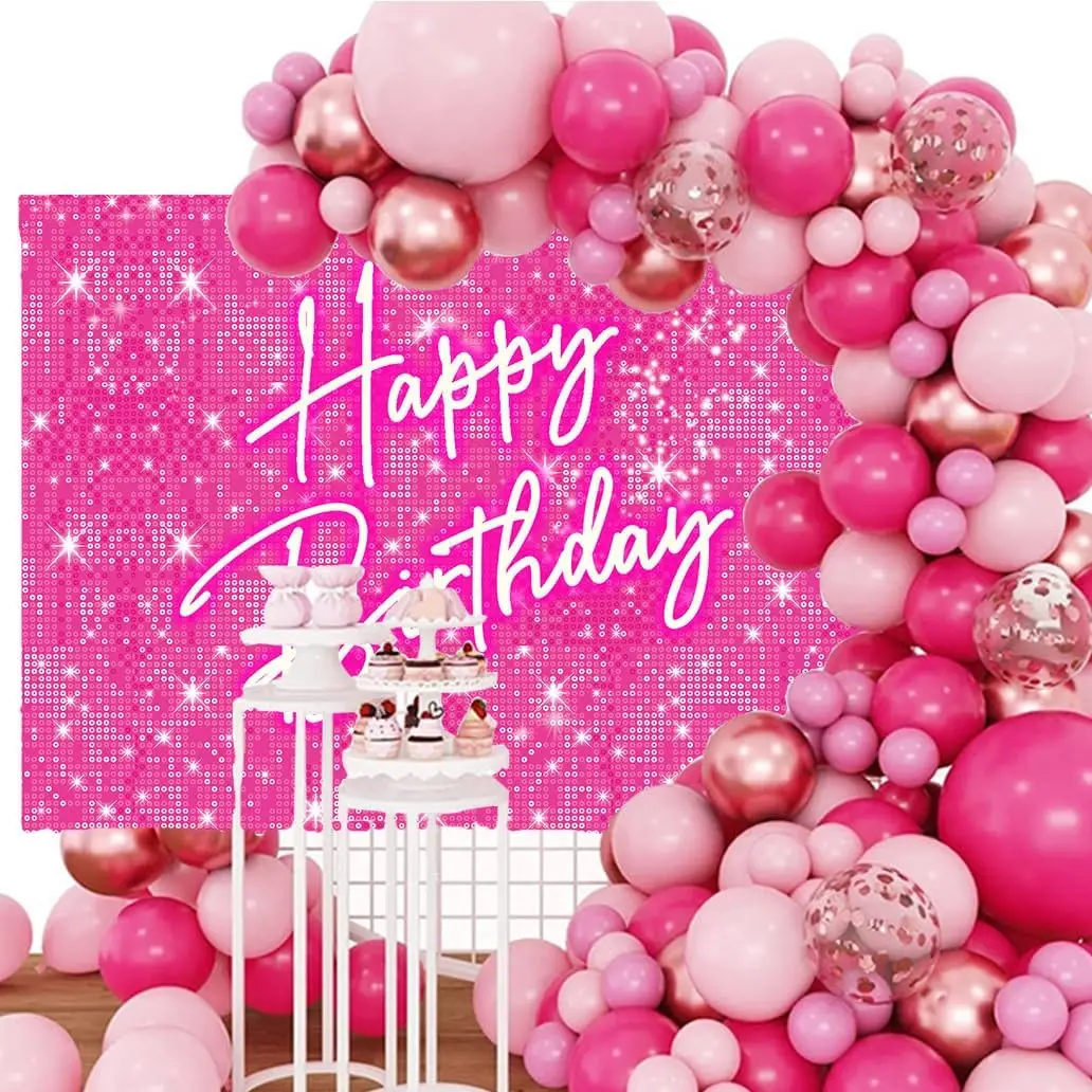 Shiny Pink Birthday Backdrop Lady Girls Princess Birthday Party Table Wall Decoration Sparkle Banner Sign Photo Booth Studio Bac