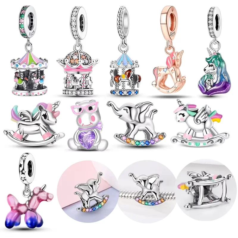 Dreamy 925 Sterling Silver Carousel&Unicorn Dangle Charm Fit Bracelet Necklaces Gift Jewelry For Girls Starting School