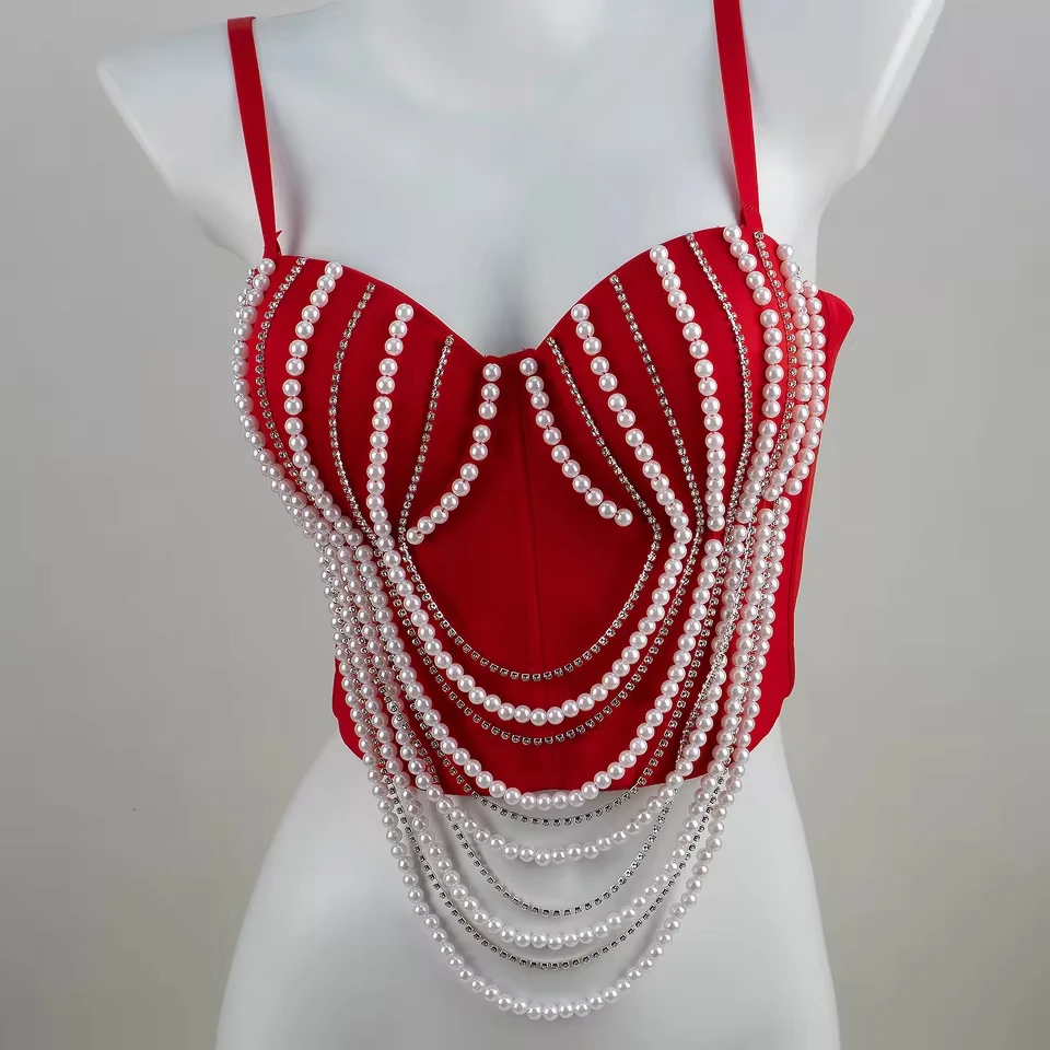 

Pearls Chain Steel Bone Corset Outer Wear Removable Chain Bustier Top Women Heavy Duty Lace Fishbone Shaping V-Neck