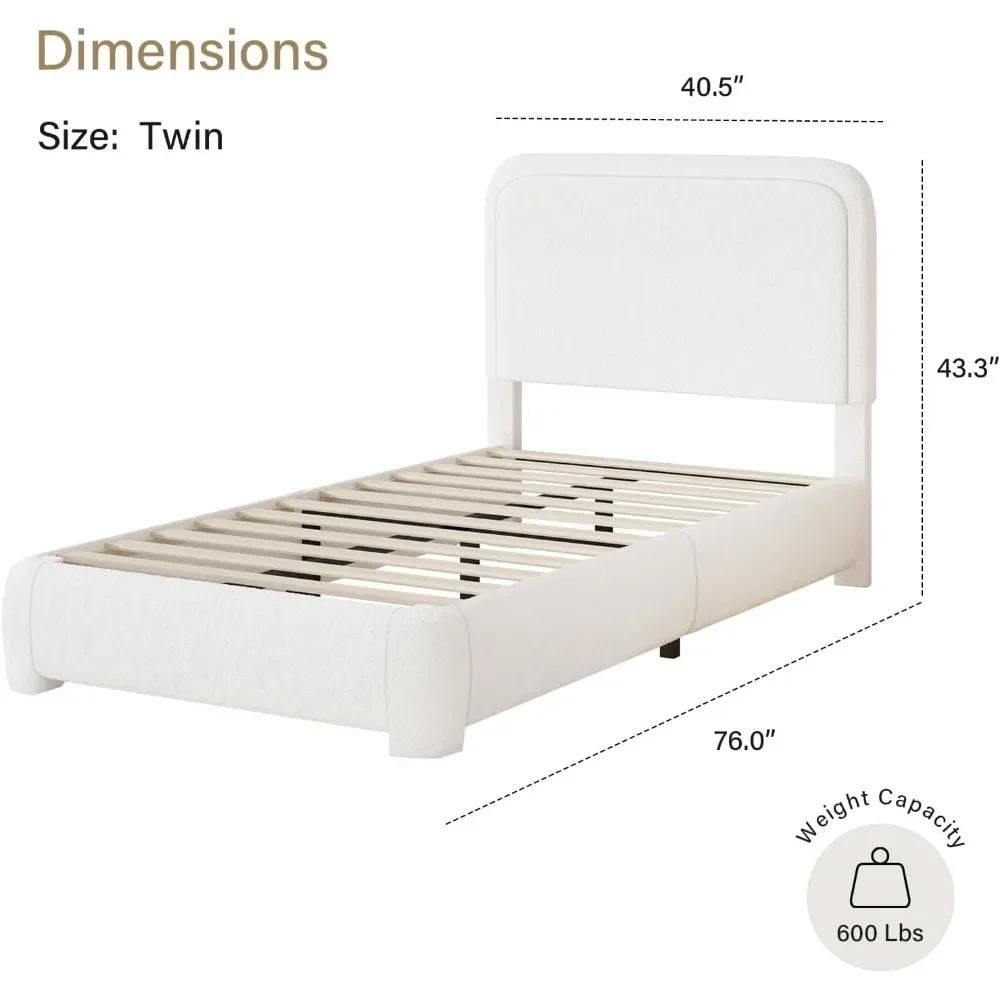 Twin Size Bed Frame, Boucle Upholstered Platform Bed Frame with Headboard, Modern Style, Soft Rounded Corners, No Box Spring
