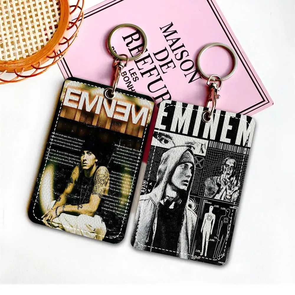 Rapper Singer E-Eminem 1Pc Access Card Case Leather Card Holder Keychain Key Ring Door Access Tags ID Card Case Keychain