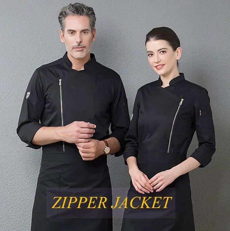 Giacca cuoco Donne Degli Uomini Cappotto Cuoco Ristorante Uniforme Della Chiusura Lampo Stand Up Collar Cibo Servizi Vestiti Da Cucina Cameriere di Usura