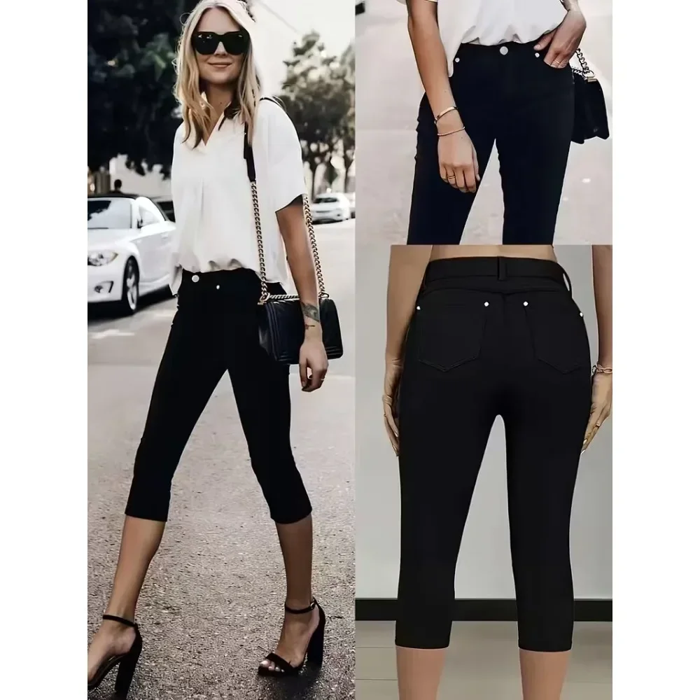 Women Black Mid Rise Stretch Denim Capri Pants Slim Fit Skinny Cropped Jeans Versatile Casual Trousers