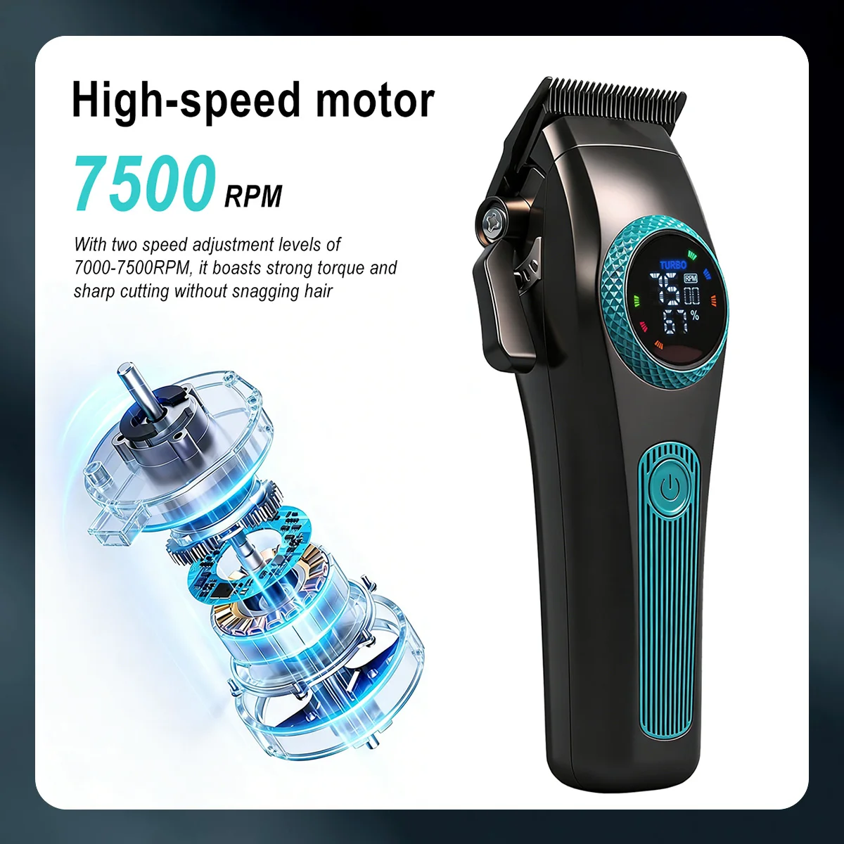 Professional Barber Hair Clipper 2-Speed 7500RPM DLC Blades BRD-620 with Base Charger LCD Display Haircut Machine Salon Use