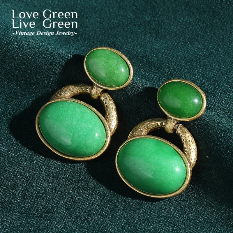 

Vintage Green Earrings Stud Natural Stone Oval Candy Gold Color Luxury Designer Jewelry For Woman Accessories Christmas Gifts