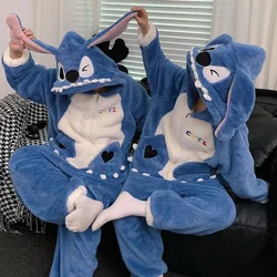 Cartoon Disney Couple Pajamas Winter 100% Cotton Two-piece Set Hooded One-piece Set Stitch Men's/Women's Pajamas 50% Off