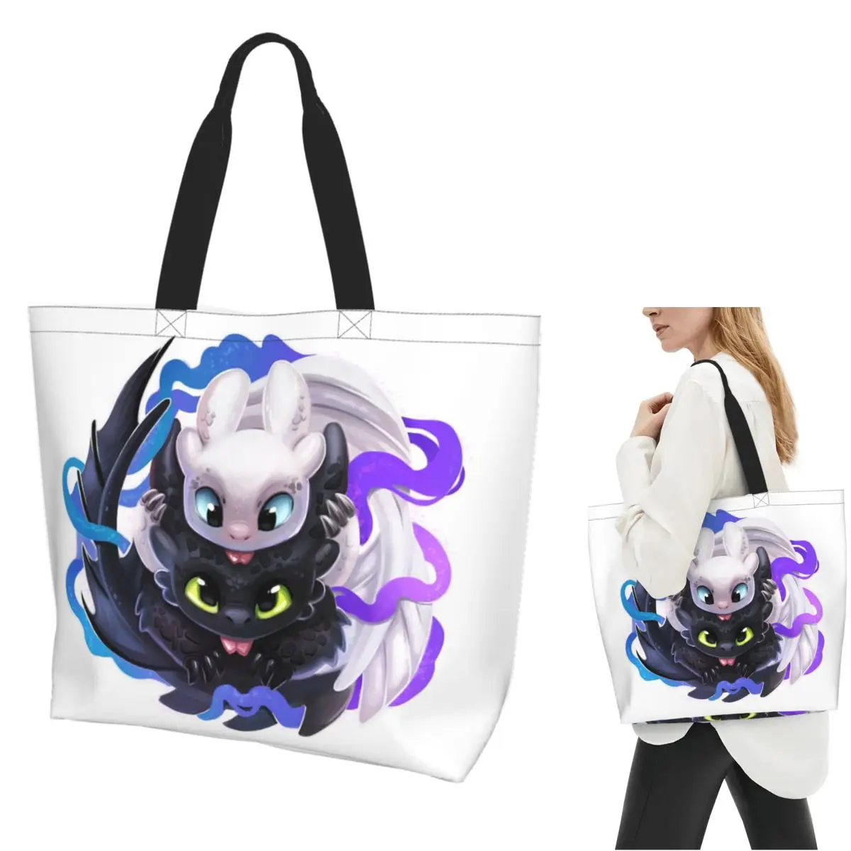 

Toothless Cartoon Shopping Tote Bag Canvas Large Capacity Shoulder Bags Shopper Grocery Handbag for Women