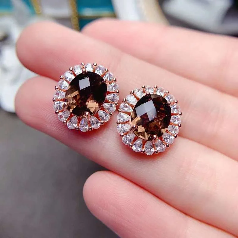 YULEM  Earrings for Women  Stud Earrings Natural Smoky Quartz Big Size 8*10mm for Women 925 Sterling Silver Earrings