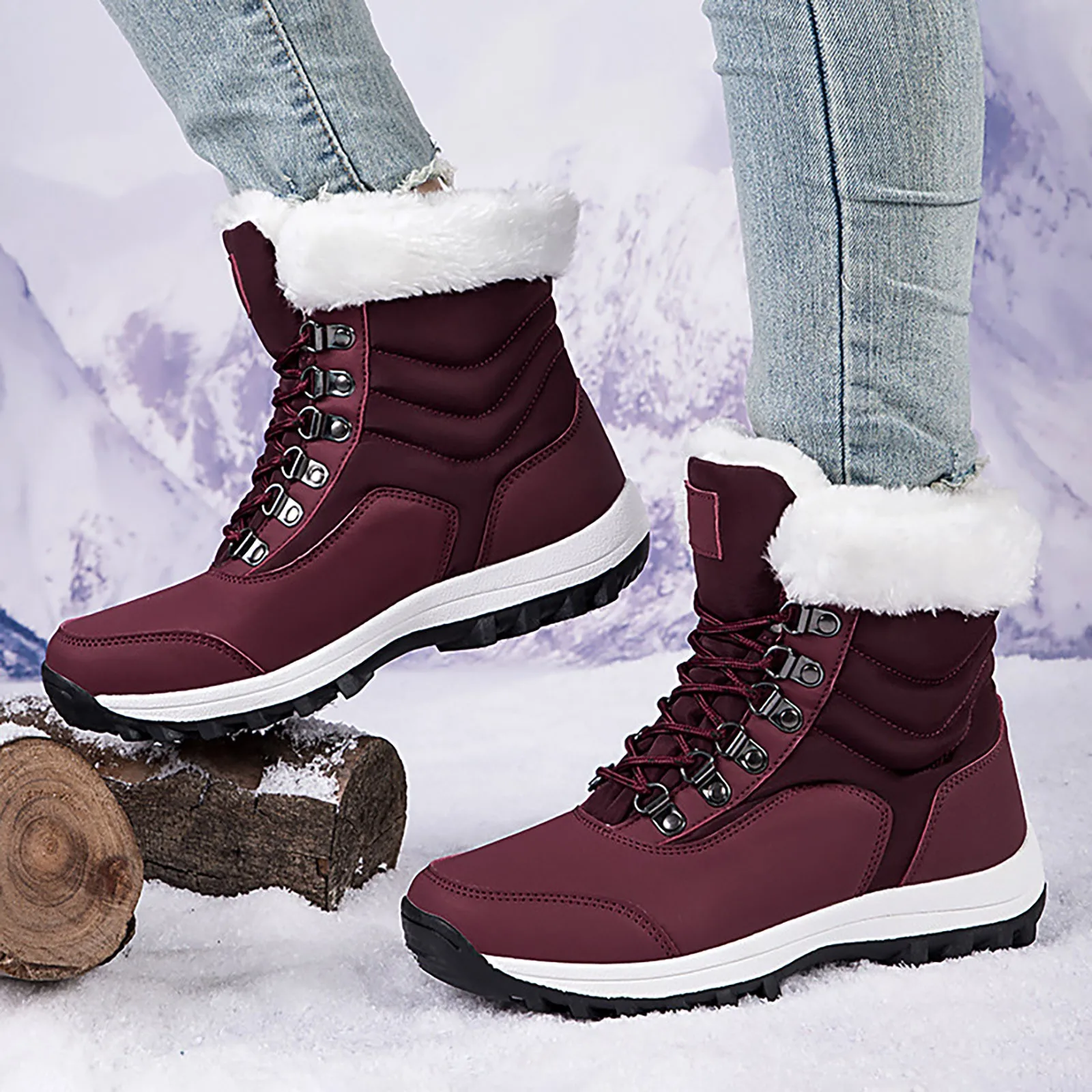 

Fashion Women Winter Shoes Ankle Boots Keep Warm Non-slip Black Snow Boots Ladies Lace-up Boots Female Booties Woman Flat Boot