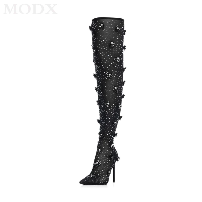 Rhinestone Over-the-Knee Boots Breathable Mesh Design Pointed Toe Super High Heel Boots Crystal Flower Decor Fashion Runway Shoe