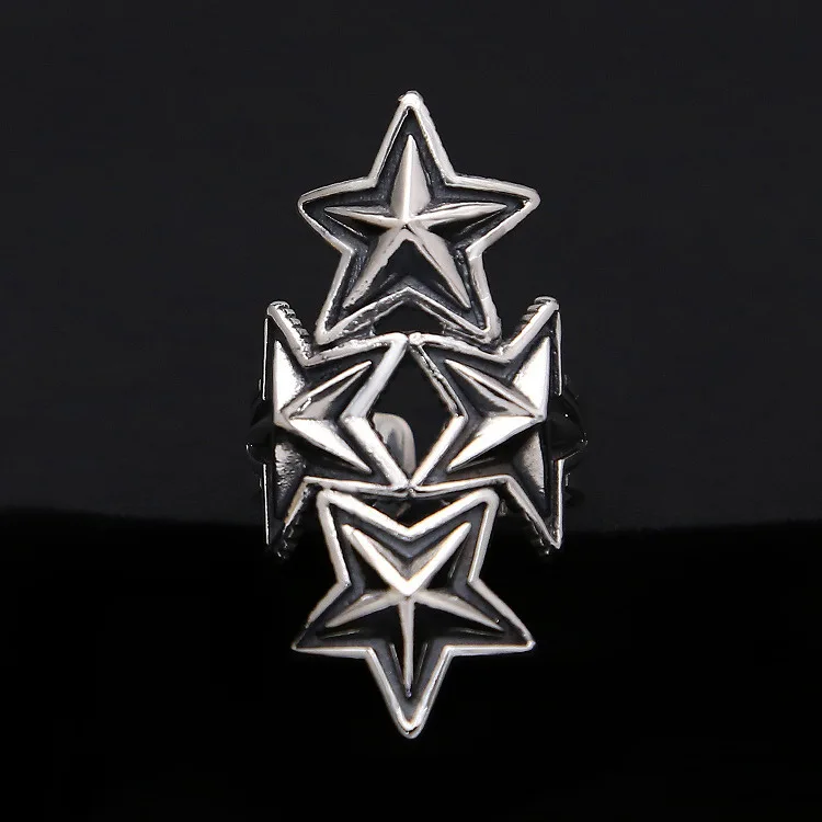 Manufacturer wholesale European and American hip-hop S925 pure silver five pointed star ring, four-star minimalist men's open mo