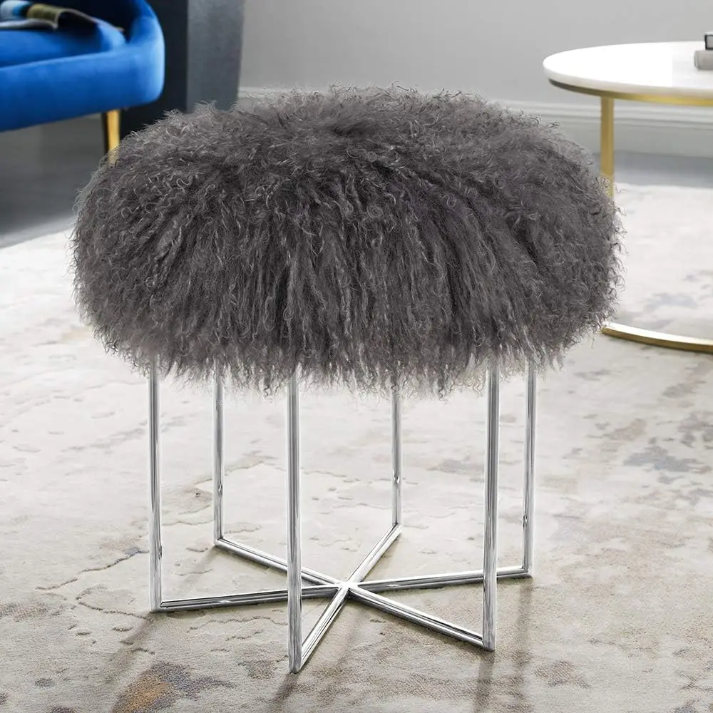 Real Sheepskin Mongolian Fur Ottoman with Silver Finish Stainless Steel Frame