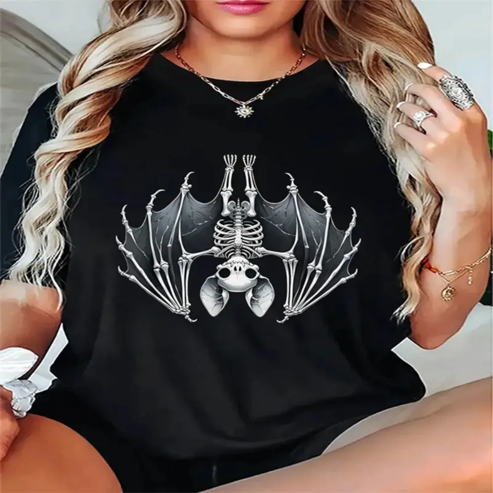 Cotton  100% Women Gothic Bat Skeleton Graphic T‑Shirt Halloween Skull Print Short Sleeve O‑Neck Casual Streetwear Tee Tops