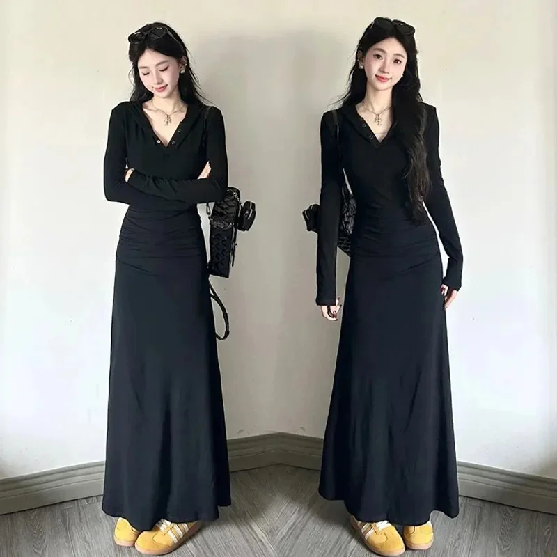 

2024 Early Autumn New French Lazy Fashionable Temperament Long Sleeved Dress Slim fit and Slimming High-end Casual Long Skirt WF