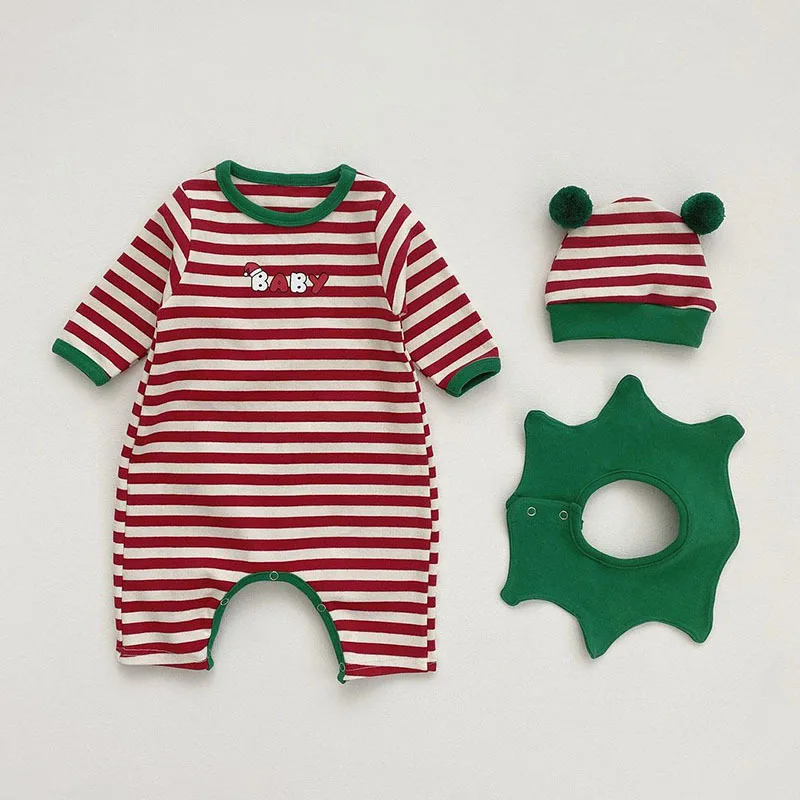 2024 Autumn Newborn Baby Rompers New Infant Striped Long Sleeve Jumpsuit Infant Girls Christmas Day Gift Clothes 3 PCS Set