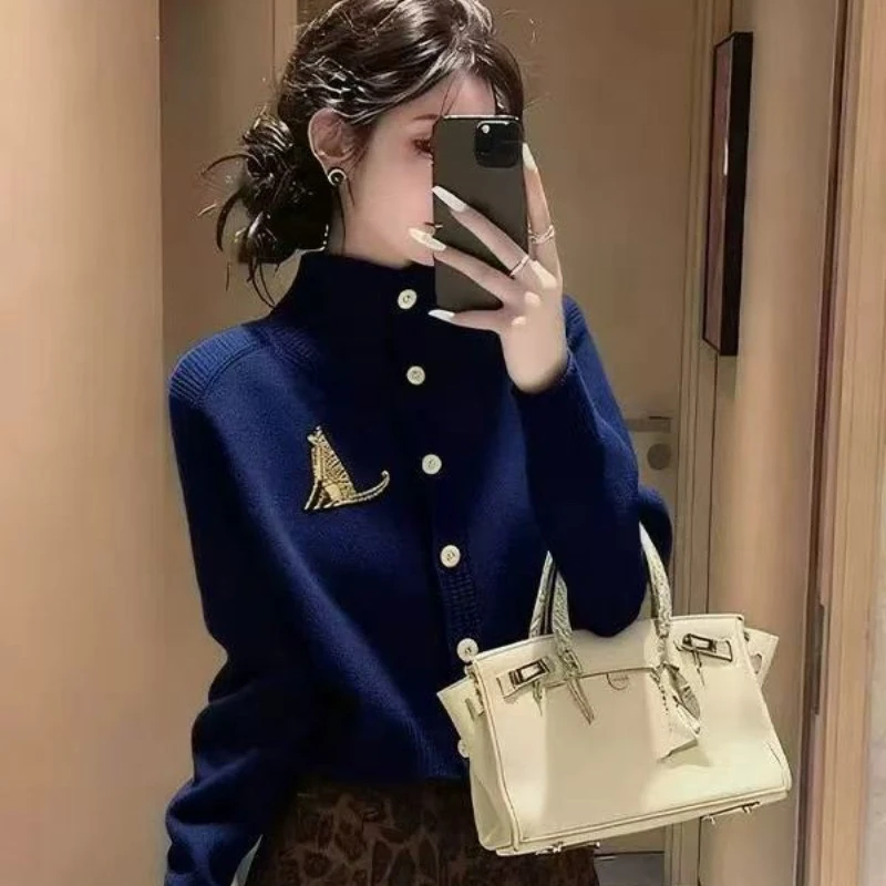 

RAIN YAN LIN модный шерстяной вязаный кардиган с вышивкой женский весенне-осенний новый водолазка с длинным рукавом свободный свитер повседневные топы