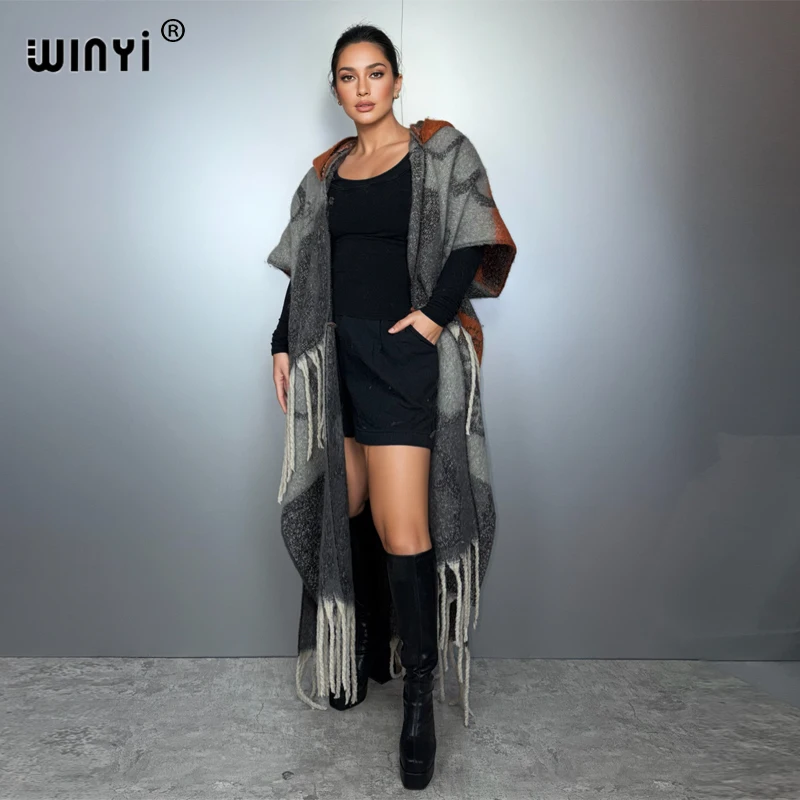 WINYI Afrykański zimowy płaszcz z kapturem dla kobiet, kardigan, abaja, luksusowy strój z Dubaju, płaszcz z otwartym przodem, kimona, długa kurtka puchowa, sukienka-poncho