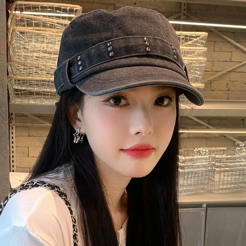 

American Rivet Flat Top Hat Washed Denim Gothic Peaked Cap Y2k Visor Cadet Cap Outdoor