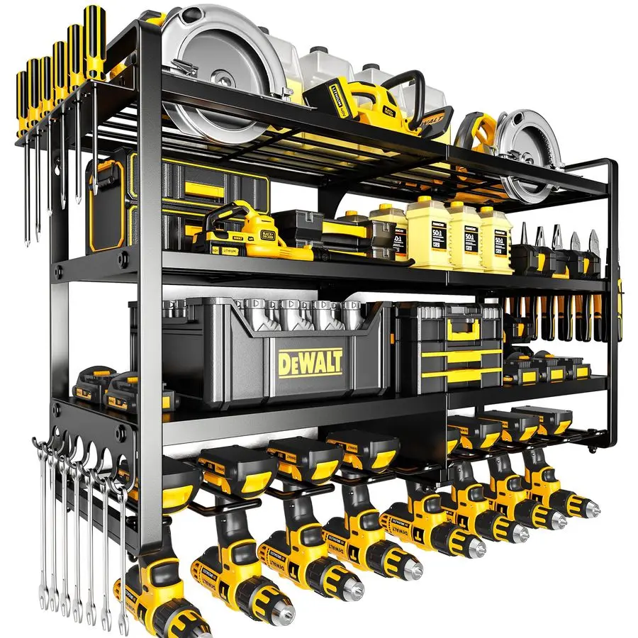 

POKIPO Large Power Tool Organizer Wall Mount,4 Layers Heavy Duty Metal Loads 400lbs,Power Tool Shelf Battery Storage with 8 Cor