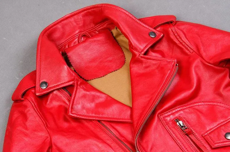 2023Women Lapel Genuine Leather Jacket High Quality Slim Fit Long Sleeve Sheepskin Coat Fashion Red Motorcycle Short Outerwear