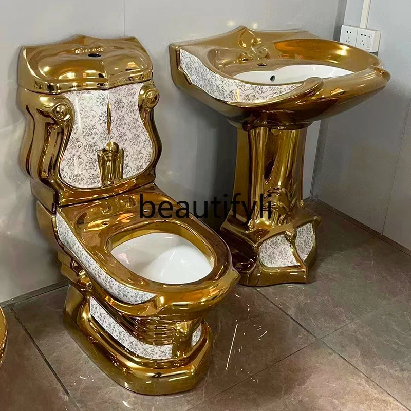 02European-style golden toilet hotel home retro toilet color creative split column basin