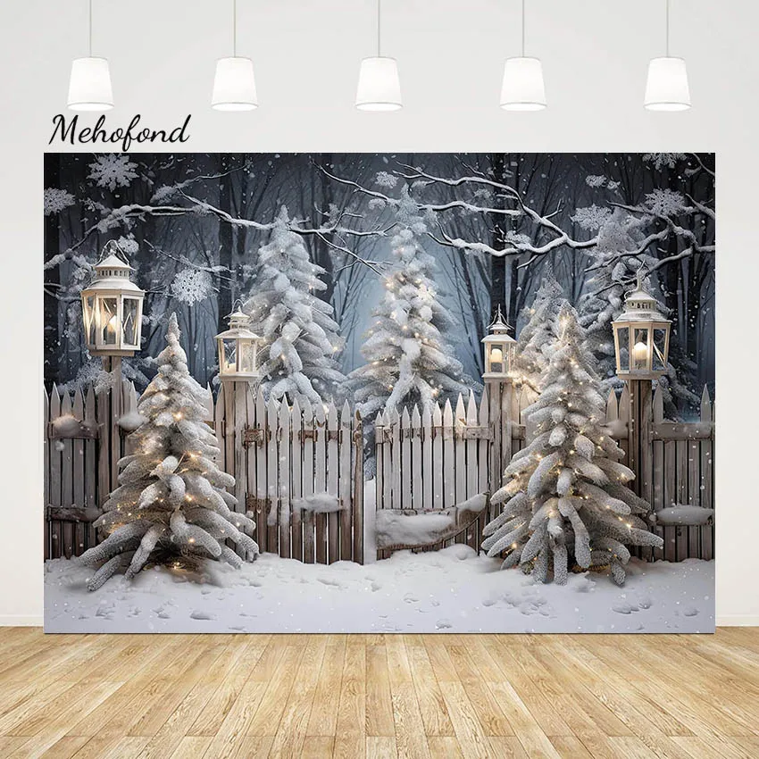 Mehofond Winter Outdoor Christmas Fence Backdrop Xmas Pine Tree Glitter Night Decor Baby Portrait Photography Background Studio