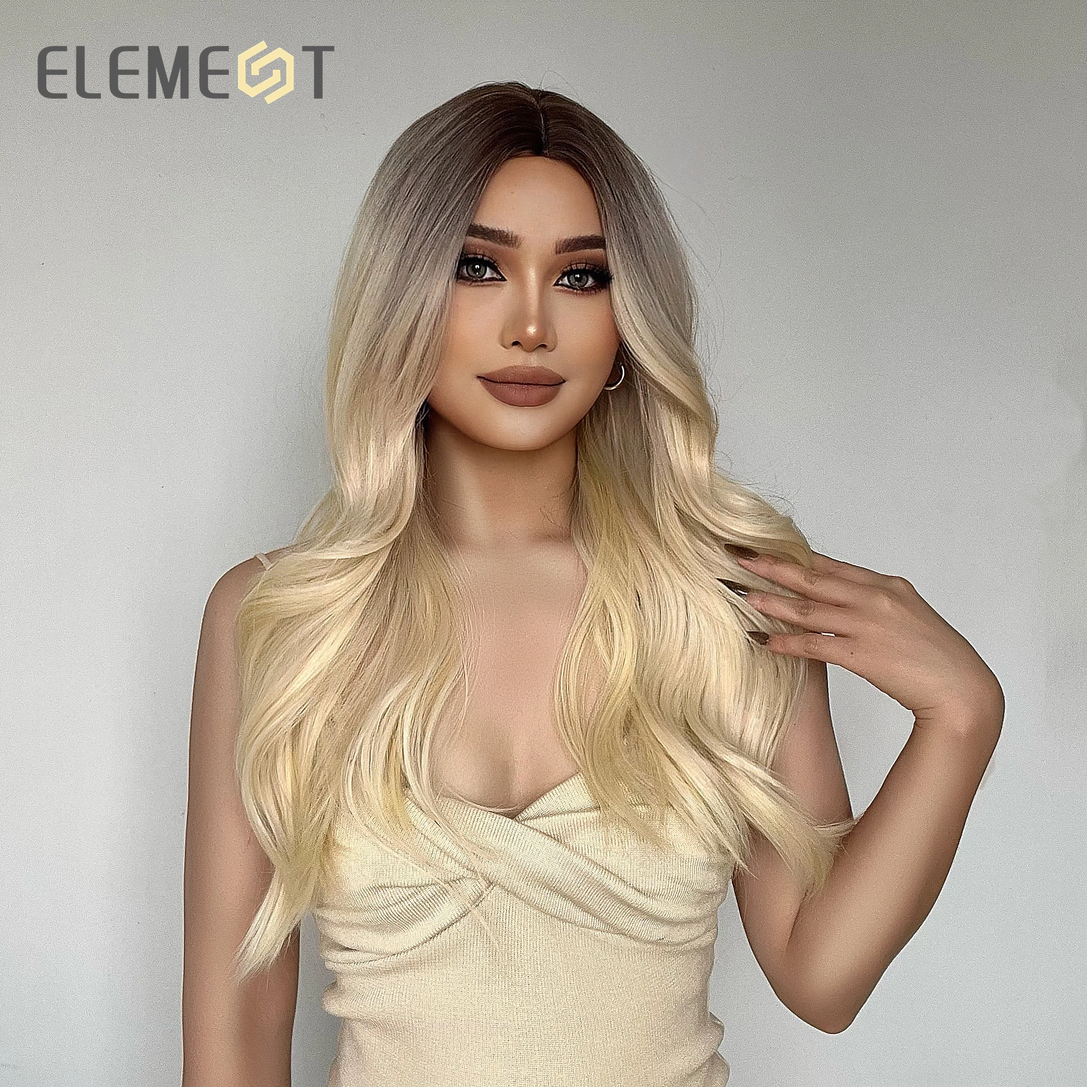 Wig Panjang Bergelombang Air Sintetis Elemen Ombre Coklat untuk Rambut Palsu Bagian Tengah Pirang Platinum untuk Wanita Pesta Sehari-hari Tahan Panas