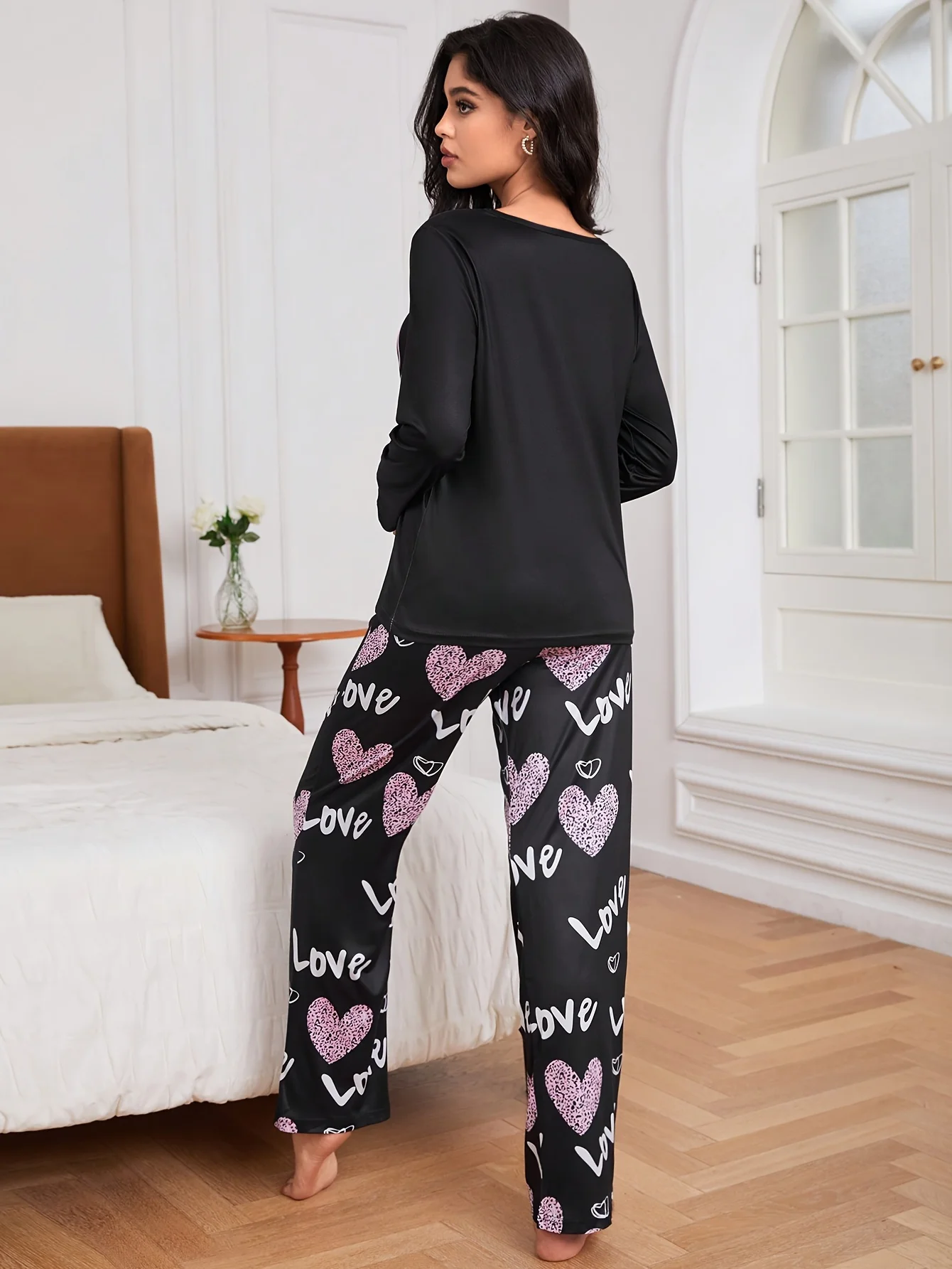 Love letter print pajama set with long sleeve crew neck top and elastic belt pants